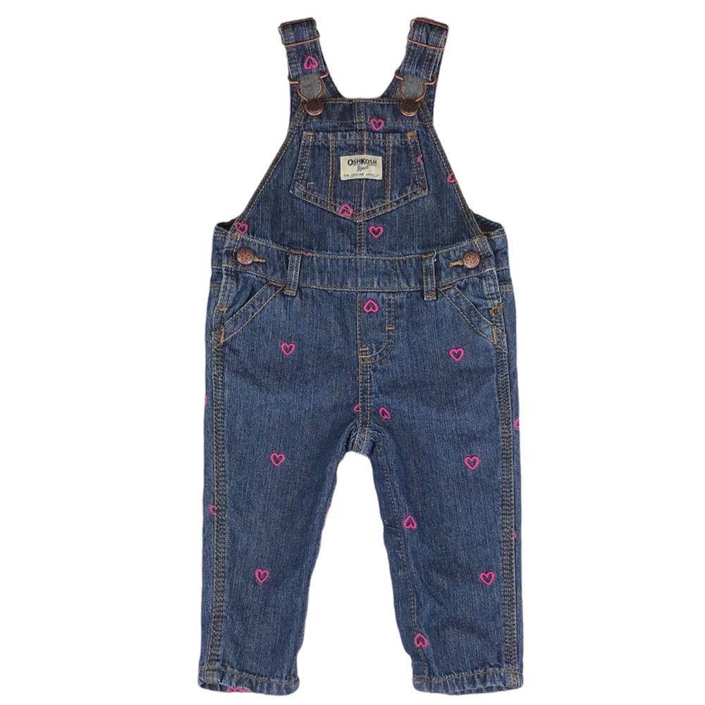 OSHKOSH Baby Denim Vestback Overalls Embroidered Hot Pink Hearts (9 Months)
